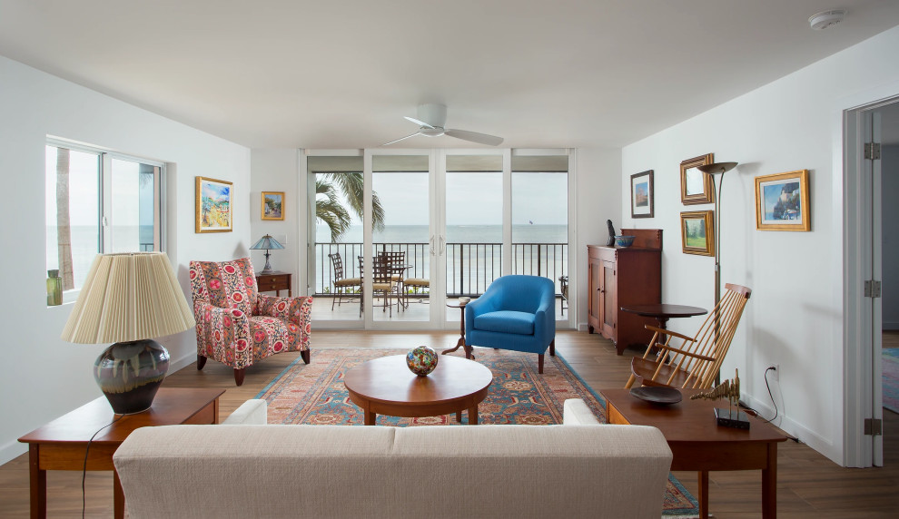 Spacious living room renovation in Key West beach condo with ocean views