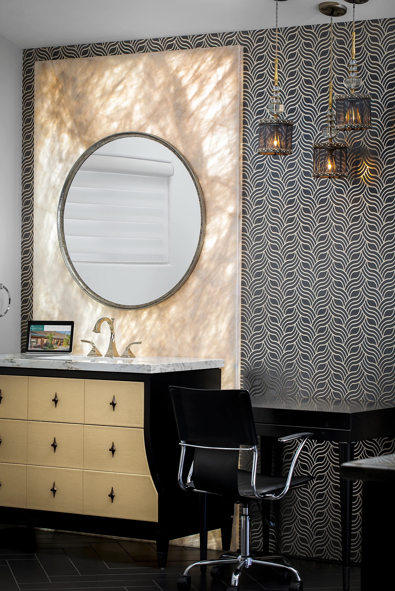 Contemporary bedroom with black and gold accents and custom millwork in Key West renovation